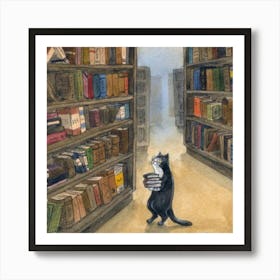 Cat In The Library Art Print