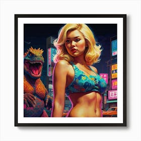 Retro Pop Godzilla with Asian Blonde Art Print