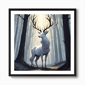 A White Stag In A Fog Forest In Minimalist Style Square Composition 33 Art Print