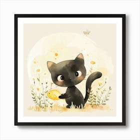 Black Cat With Yellow Flower Art Print