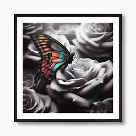 Butterfly On Roses Art Print