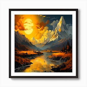 Mountain Landscape Painting,Beautiful mountains landscape Art Print