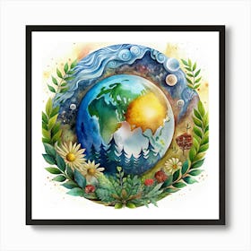 Earth With Flowers And Forest Art Print