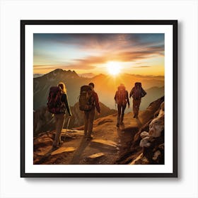 Hikers In The Mountains At Sunset Art Print