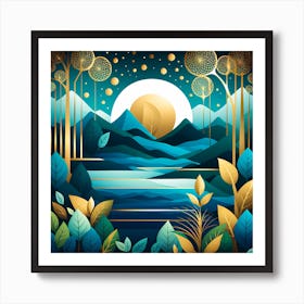 Abstract Landscape With Mountains And Trees, vector art Art Print