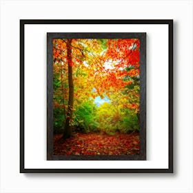 Autumn Frame Embracing Bright Foliage Maple Leaves Transitioning From Green To Vivid Shades Of Oran Art Print