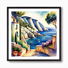 Watercolor Of A Seaside Village Art Print