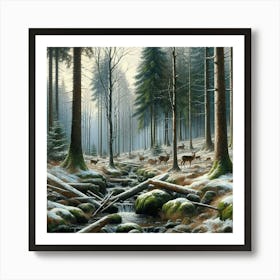 Deer In The Winter Calm Woods, Acrylic Painting Style Art Print