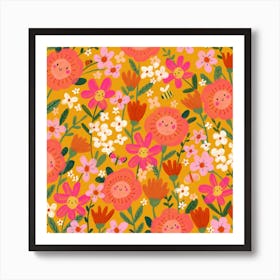 Happy Meadow Floral Pattern Square Art Print