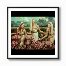 Three Women Picking Roses Art Print