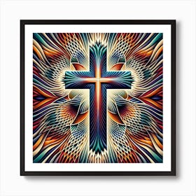 "Harmony in Symmetry: The Sacred Cross" - This image is a powerful representation of the cross, a symbol of faith and spirituality, depicted through a symphony of intricate patterns and vibrant gradients. The flowing lines and feather-like structures emanate from the central figure, creating a sense of movement and depth. The rich tapestry of colors transitions smoothly from warm golds to cool blues, embodying the cross as a beacon of hope and divine presence. It's an art piece that speaks to the soul, ideal for those seeking to bring an element of peace and contemplation into their space. This visually stunning creation combines traditional symbolism with a modern artistic twist, perfect for enhancing the sanctity of any environment. Art Print