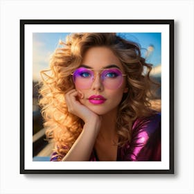 Portrait Of A Woman Flaunting Intense Blue Eyes Complemented By Pink Glasses And Matching Pink Lips Art Print