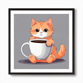 Cute Orange Kitten Loves Coffee Square Composition 9 Art Print