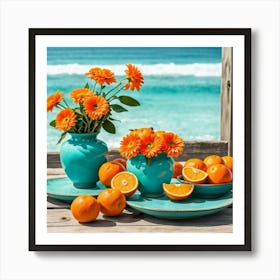 Blue Vase And Oranges Art Print