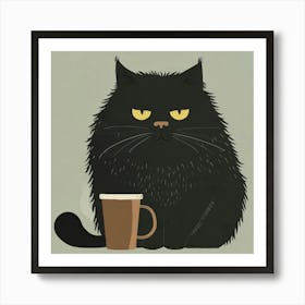 Black Cat With A Cup Of Coffee Art Print