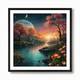 Moonlight By The River Art Print