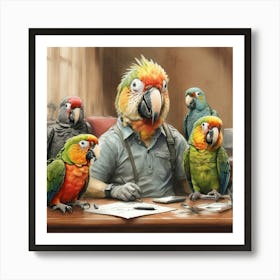 Parrots At The Desk 1 Art Print