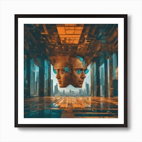 A Man S Head Shows Through The Window Of A City, In The Style Of Multi Layered Geometry, Egyptian Ar Art Print