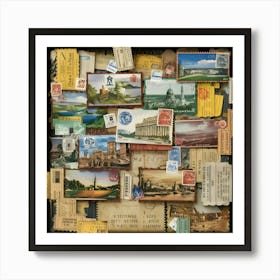 A Framed Display Featuring Vintage Postcards And Colorful Stamps, Showcasing A Nostalgic Collection Of Travel Memories Art Print