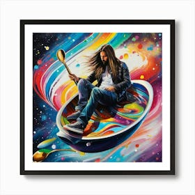 Man holding spoon in colorful space atmosphere  Art Print