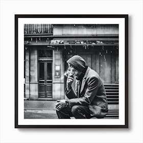 Man Smoking On A Bench on a rainy day on a Parisian street. Black and White. Art Print