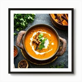 Autumn Pumpkin Curry Soup Simmering In A Traditional Clay Pot Steam Rising Surrounded By An Assort (7) Art Print