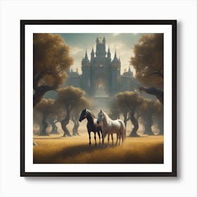 Two Horses In Front Of A Castle Art Print