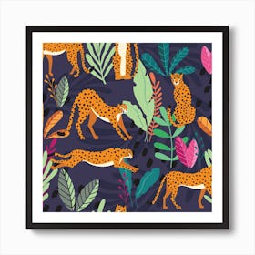 Tropical Cheetah Pattern On Deep Purple With Colorful Florals And Decoration Square Art Print