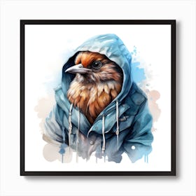 Watercolour Cartoon Sparrow In A Hoodie Art Print