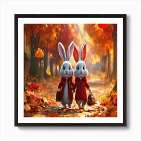 Cute Rabbits In Autumn Art Print