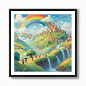 A playful and colorful children’s illustration of a fantasy world with cute characters, rolling hills, fluffy clouds, and a rainbow-filled sky. The scene is joyful and imaginative, full of fun details 2 Art Print