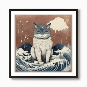 Hokusai style Cat on The Waves Art Art Print