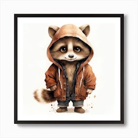 Watercolour Cartoon Raccoon In A Hoodie 2 Art Print