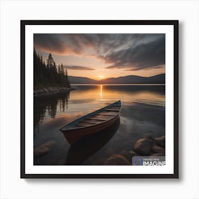 Sunset with a boat in the lake Art Print