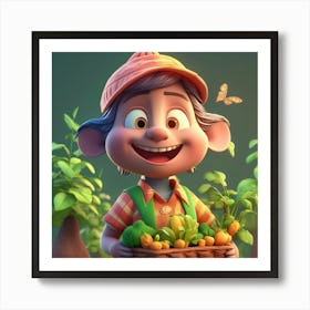 Cartoon Farmer Holding A Basket Of Vegetables 1 Art Print