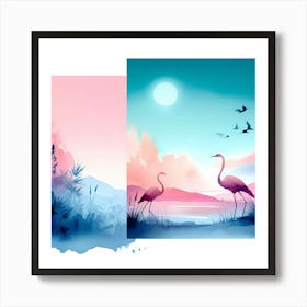 Watercolor Flamingos Art Print