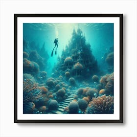 Diving Into The Water, Discovering An Underwater Garden Of Coral Castles Art Print