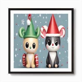 Two Mice In Christmas Hats Art Print
