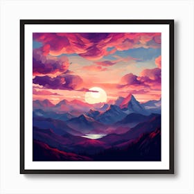 Pink Fluffy Clouds Over Setting Sun Art Print