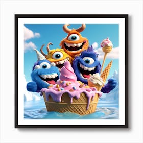 Picture A Friendly Furry 3d Animated Monster Family Enjoying A Colossal Ice Cream Sundae Art Print