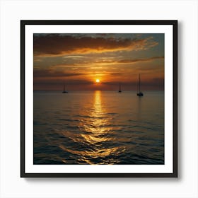 A Vibrant Sunset Over A Calm Ocean With Sailboats On The Horizon 2 Art Print