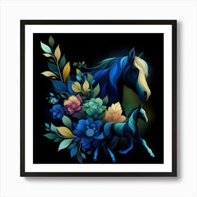 Blue Horse With Flowers Art Print