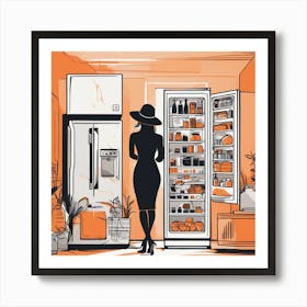 A Silhouette Of A Fridge Wearing A Black Hat And Laying On Her Back On A Orange Screen, In The Style Art Print