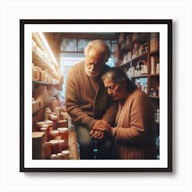 Elder couple struggling to buy medicines - by Mike Vellond Art Print