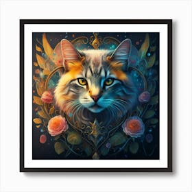 Cat With Roses Art Print