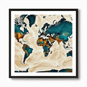 World Map In Blue And Brown Art Print