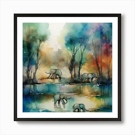 Elephants In The Water Art Print