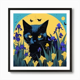 Black Cat In Flowers Art Print