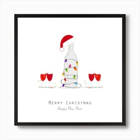 Christmas Champagne Bottle With Colorful Light Bulb And Santa Claus Hat Art Print