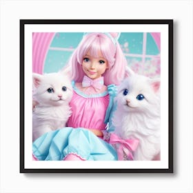Cute Girl With Two White Cats Art Print